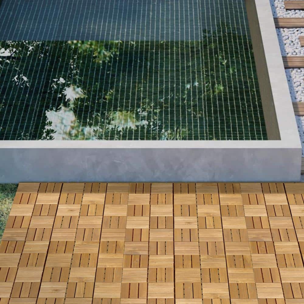 Amucolo 12 in. x 12 in. Checker Pattern Acacia Wood Interlocking Deck Tiles in Yellow for Patio, Pool Side (Set of 20 Tiles) (2)