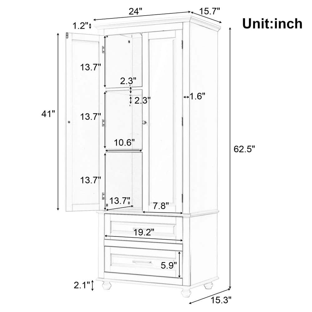 cadeninc 24 in. W 15.7 in. D 62.5 in. H Tall Storage Cabinet with 2-Drawers for Bathroom, Office (2)