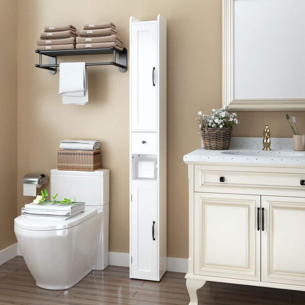 RKZHOPT Slim 7.87 in. W x 7.87 in. D x 67.51 in. H White Linen Cabinet with Adjustable Shelves, 2-Door Cabinet with Anti-Tip