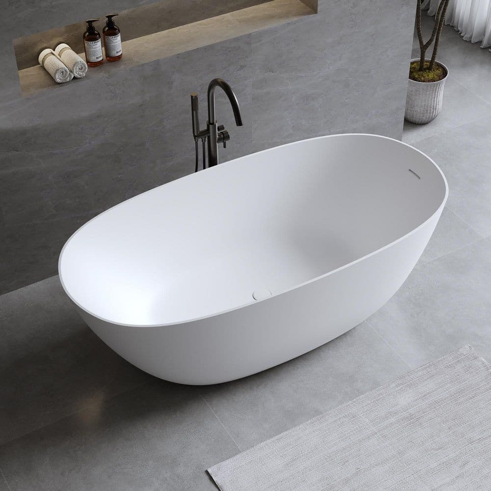 WELLFOR 61 in. x 30.7 in. Resin Stone Soaking Bathtub in Matte White Solid Surface Modern Tub with Overflow and Pop-up Drain (3)