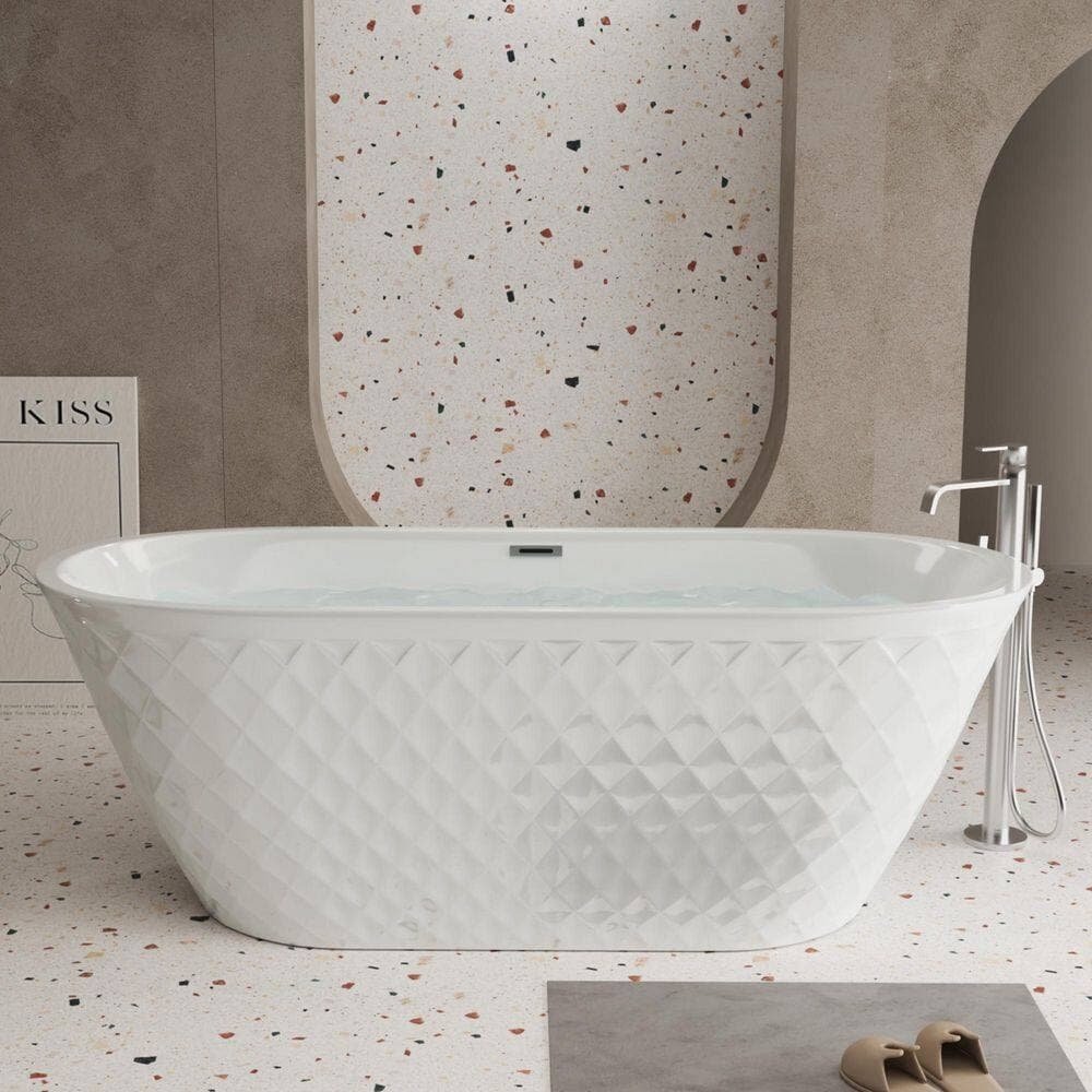 WELLFOR 59 in. x 29.5 in. Soaking Bathtub with Center Drain in Gloss White with Chrome Overflow and Pop-Up Drain (2)