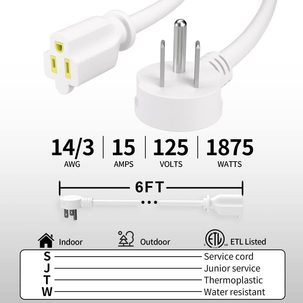 Unbranded 6 ft. 14 Gauge 3-Conductor SJTW Heavy Duty Indoor/Outdoor Extension Cord with Flat Plug White ETL Listed (2)