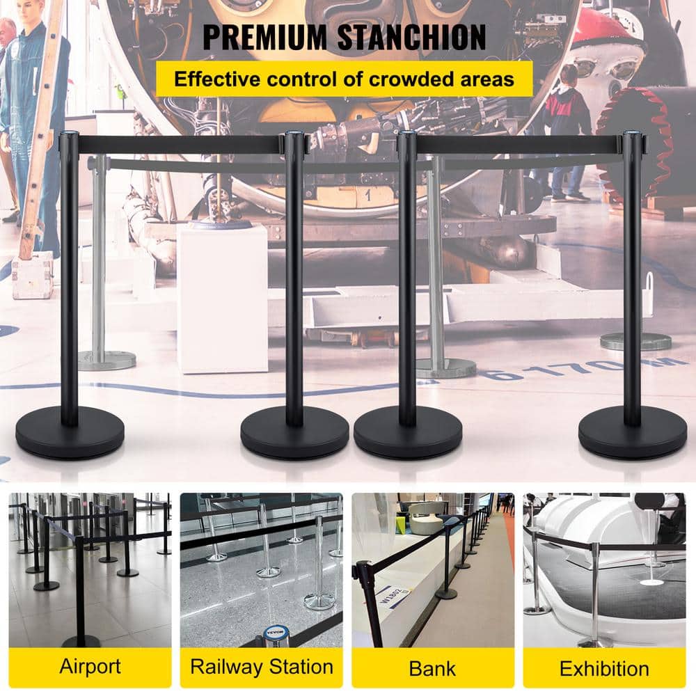VEVOR Crowd Control Stanchion Set of 4 Pieces 6.6 ft. Black Retractable Belt Steel Stanchion Post with Metal Base, Black (3)