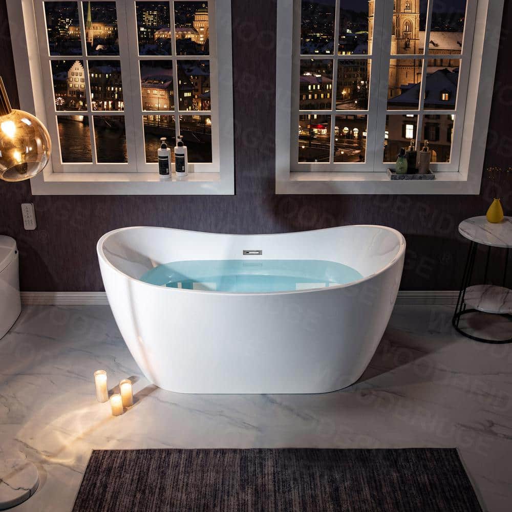 WOODBRIDGE Hamilton Acrylic FlatBottom Double Slipper Bathtub with Brushed Nickel Overflow and Drain Included White (3)