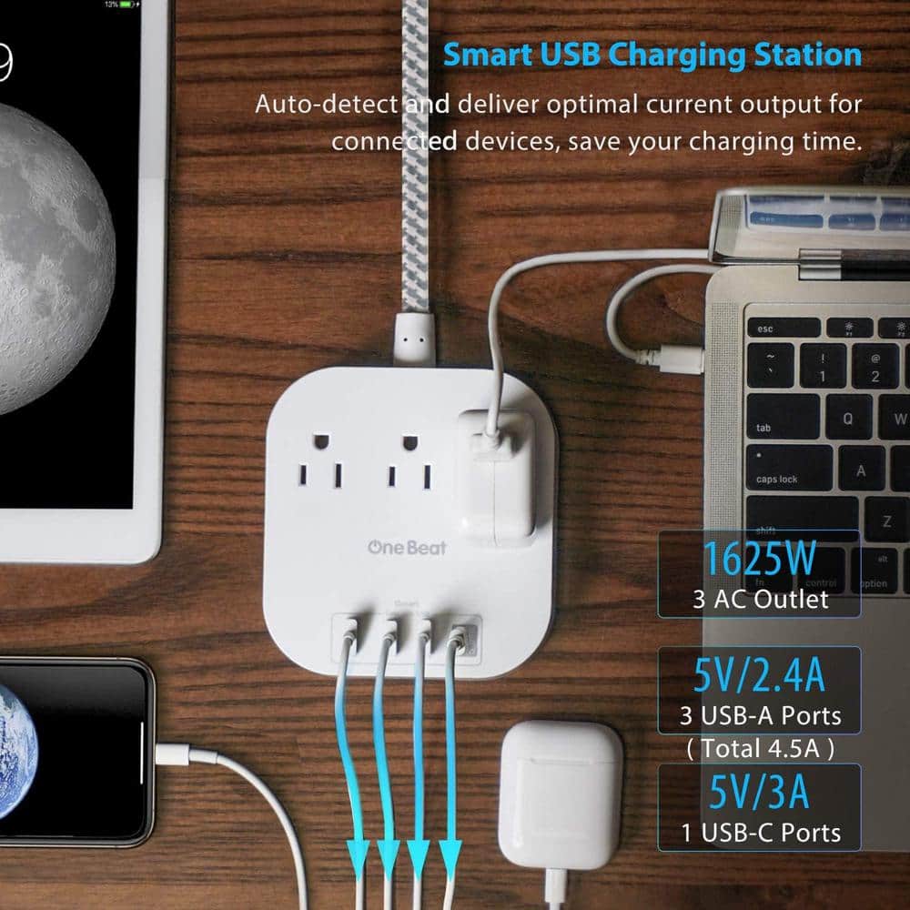 Lukyamzn 15 ft. Braided Cord Power Strip with Flat Plug, 3-Outlets 4-USB Ports (1 USB-C) Non Surge Protector for Travel in White (3)