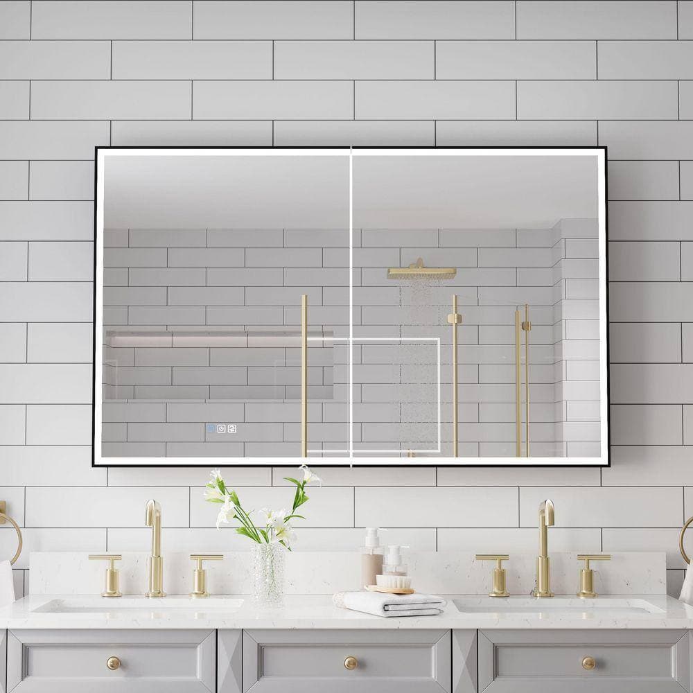 Eoviamne 48 in. W x 30 in. H Rectangular Bi-View Aluminum LED Medicine Cabinet with Mirror, Recessed/Surface Mount, Outlet (2)