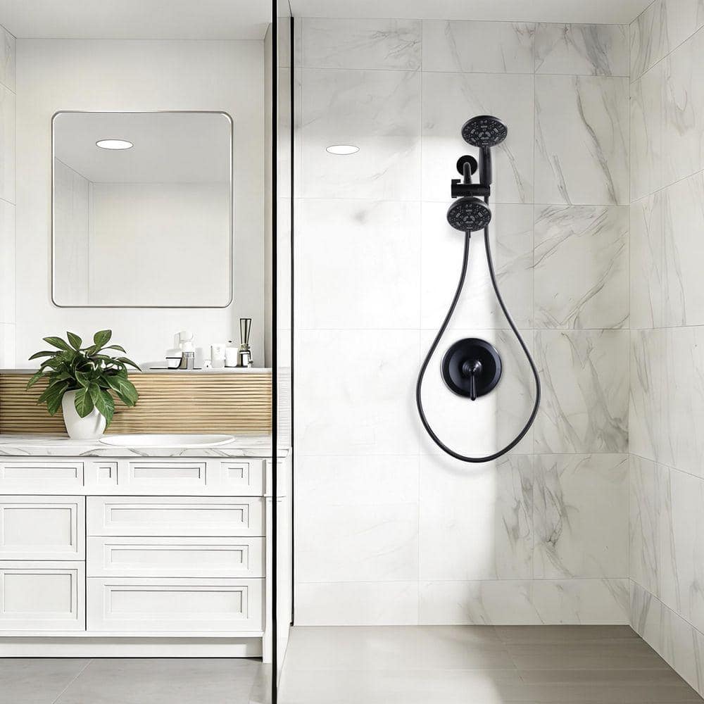 ARCORA 2-in-1 Single Handle 7-Spray Wall Mount Shower Faucet 1.8 GPM with Pressure Balance in. Matte Black Valve Included (3)