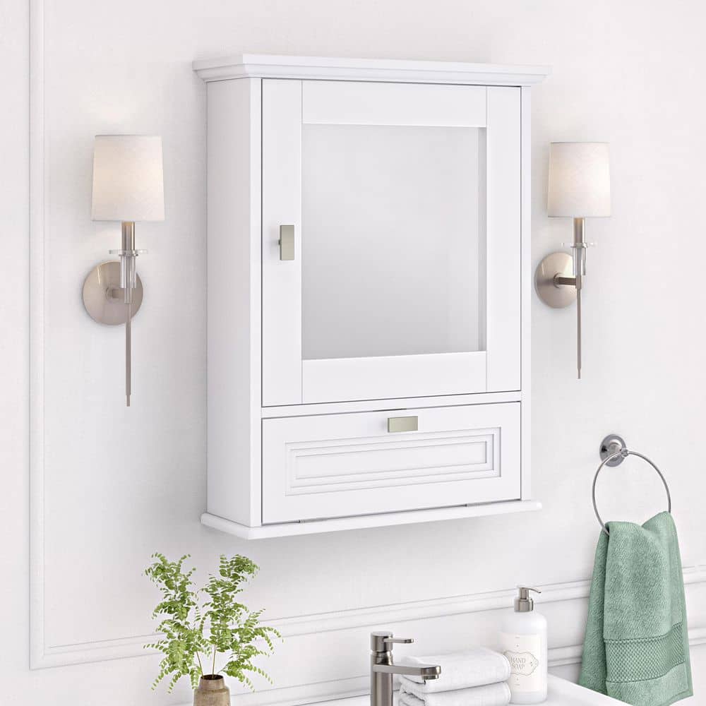 RiverRidge Home Geneva 18.5 in. W x 5.88 in. D x 24 in. H Bathroom Storage Wall Cabinet with Mirror in White (2)