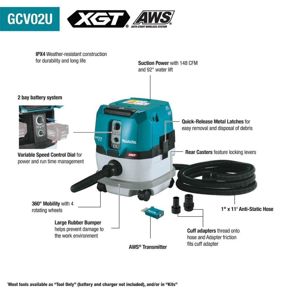 Makita 40V max XGT Brushless Cordless 2.1 Gallon HEPA Filter Dry Dust Extractor, AWS Capable, Tool Only (3)