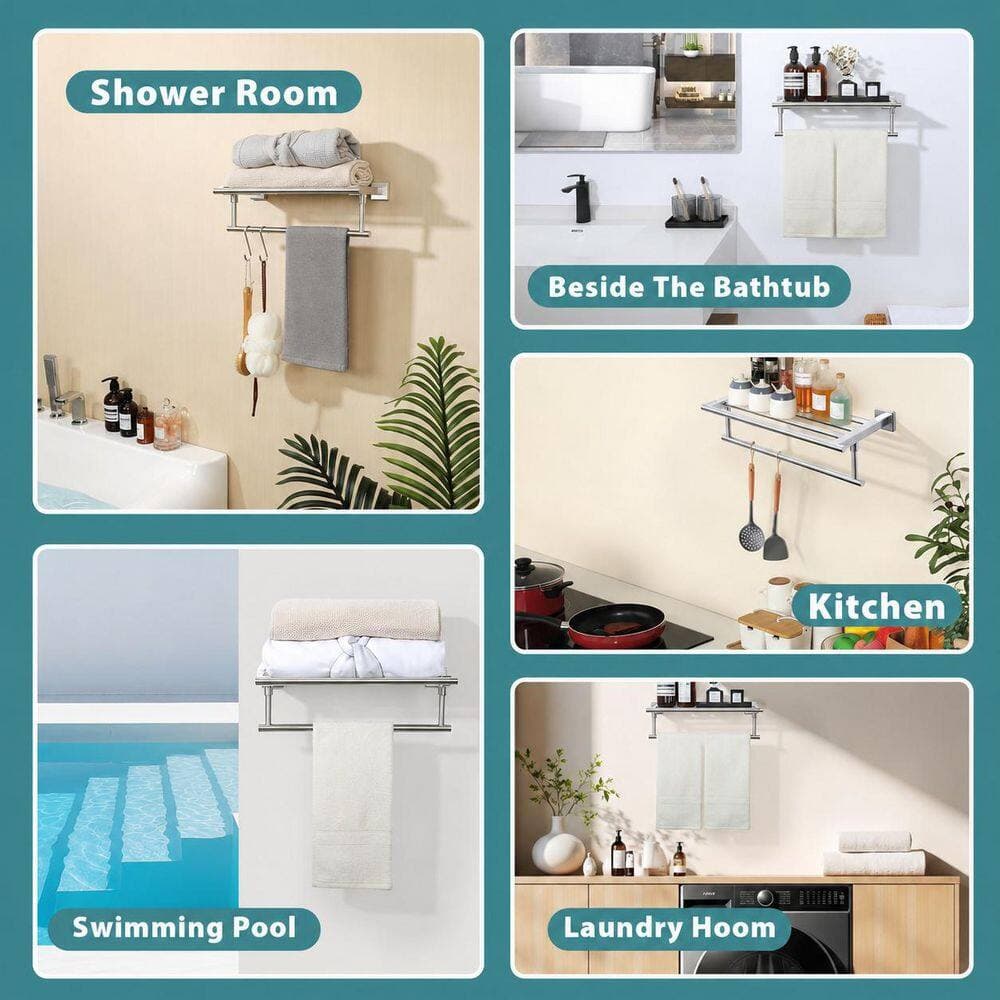 Unbranded Towel Rack with Shelf 16 in. Brushed Nickel Stainless Steel 2-Tier Wall-Mounted Hand Towel Holder Rack (2)