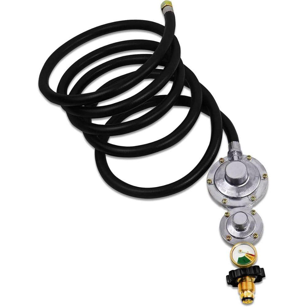 Lukvuzo Upgraded Two Stage Propane Regulator w/ 10ft Hose & Gauge 3/8in Flare Fitting for Grill Heaters Fire Pit Gas Generator (1)