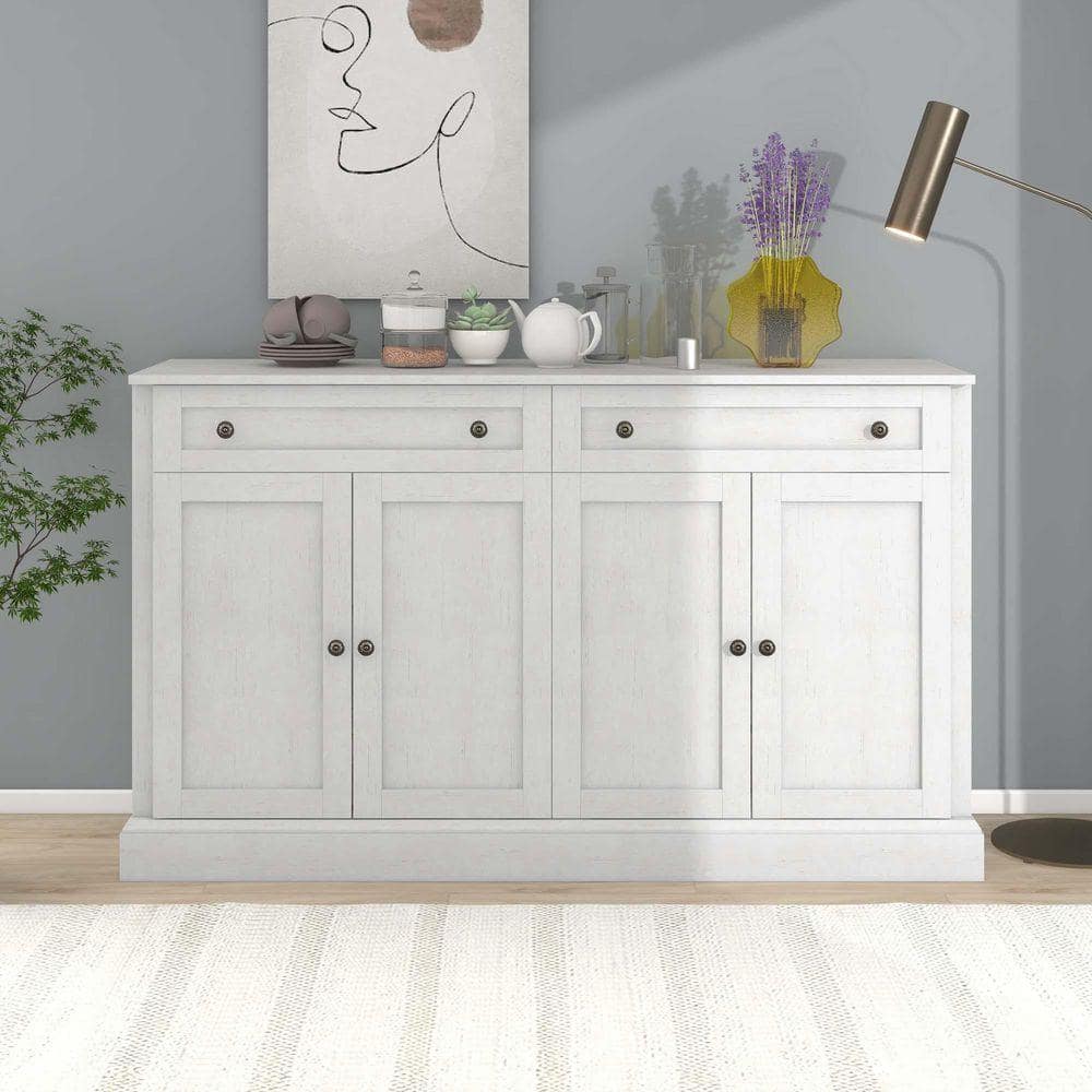 XUJMK 58 in. W x 16 in. D x 34 in. H Antique White Linen Cabinet, Kitchen Sideboard Storage Buffet Cabinet with Drawers, Doors (1)