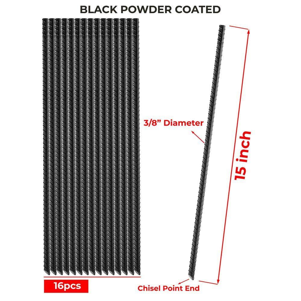 Angel Sar 3/8 in. x 3/8 in. x 15 in. Heavy Duty Ground Rebar with Chisel Point End, Black Powder Coated for Construction (16-Pack) (2)