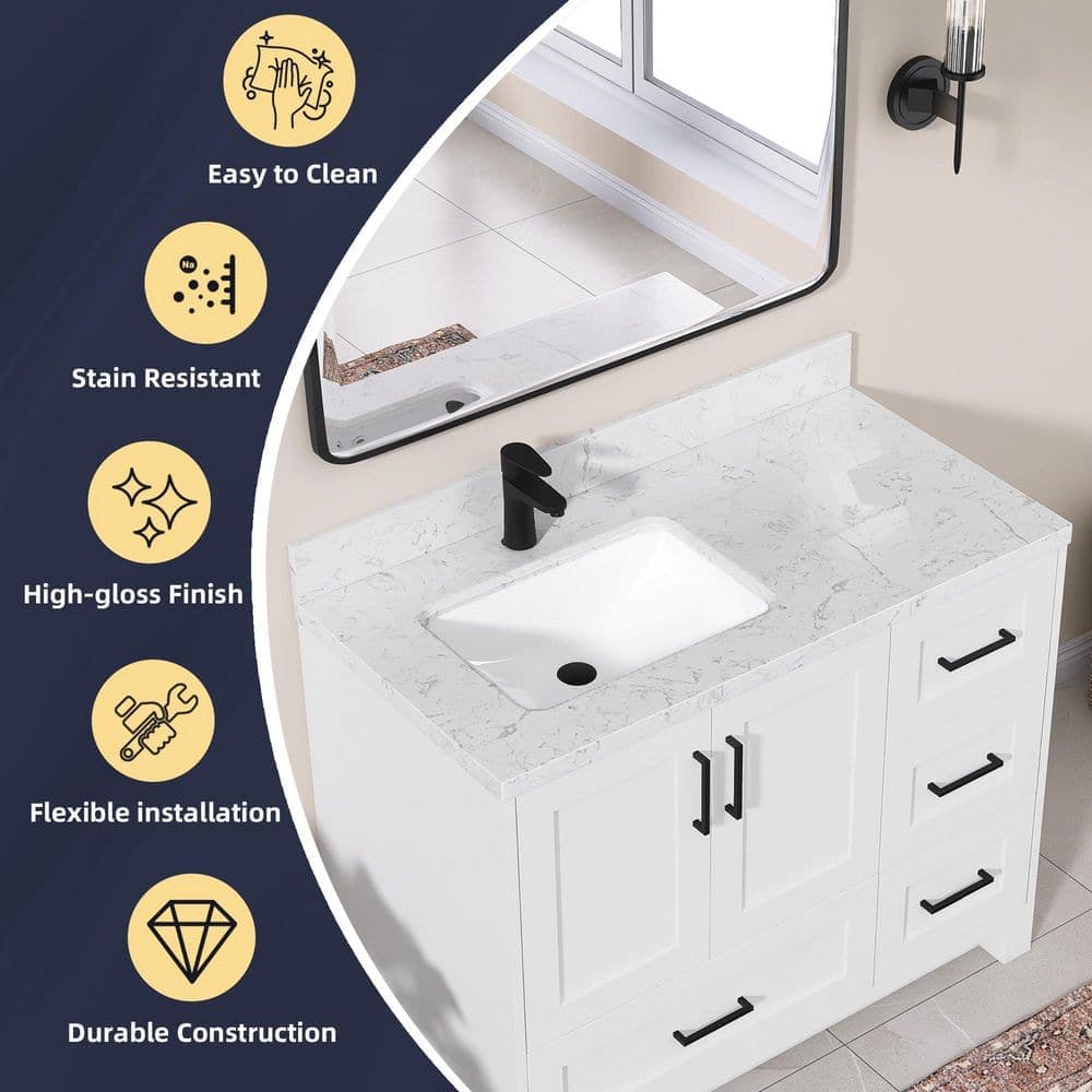 Zeafive Cala 42 in. W x 22 in. D Engineered Stone White Left Offset Rectangular Single Sink Bathroom Vanity Top in Carrara White (2)