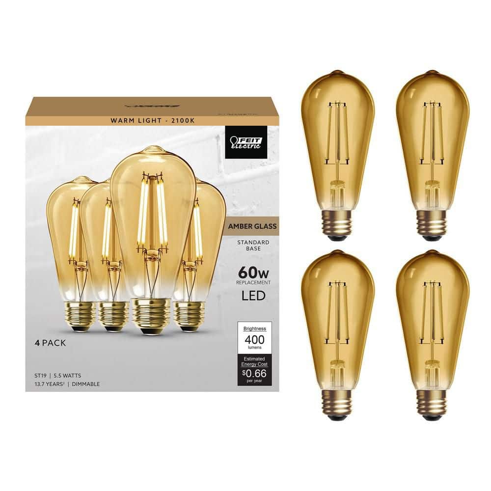 Feit Electric 60-Watt Equivalent ST19 Dimmable Straight Filament Amber Glass Vintage Edison E26 LED Light Bulb, Warm White (4-Pack) (2)