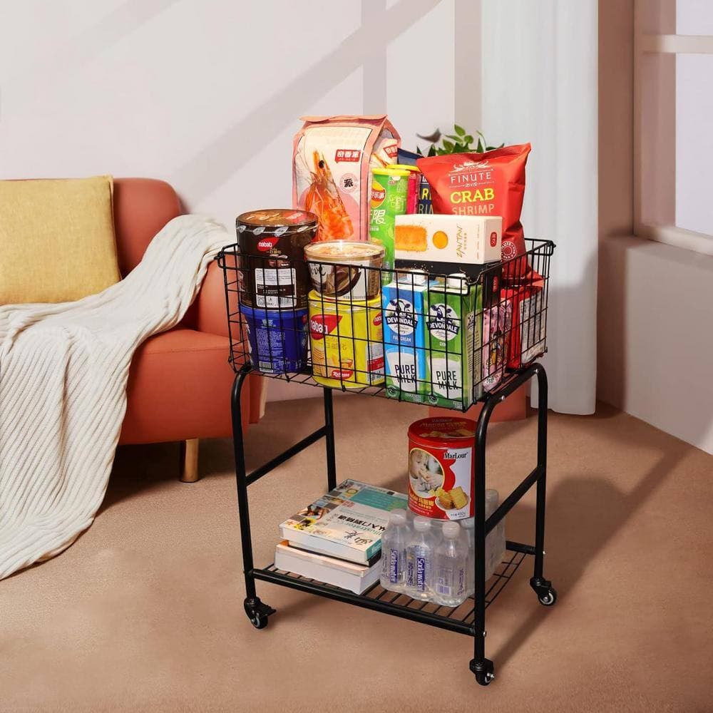 Adrinfly 15.35 in. Black Freestanding Laundry Basket Organizer with Storage and Wheels (3)