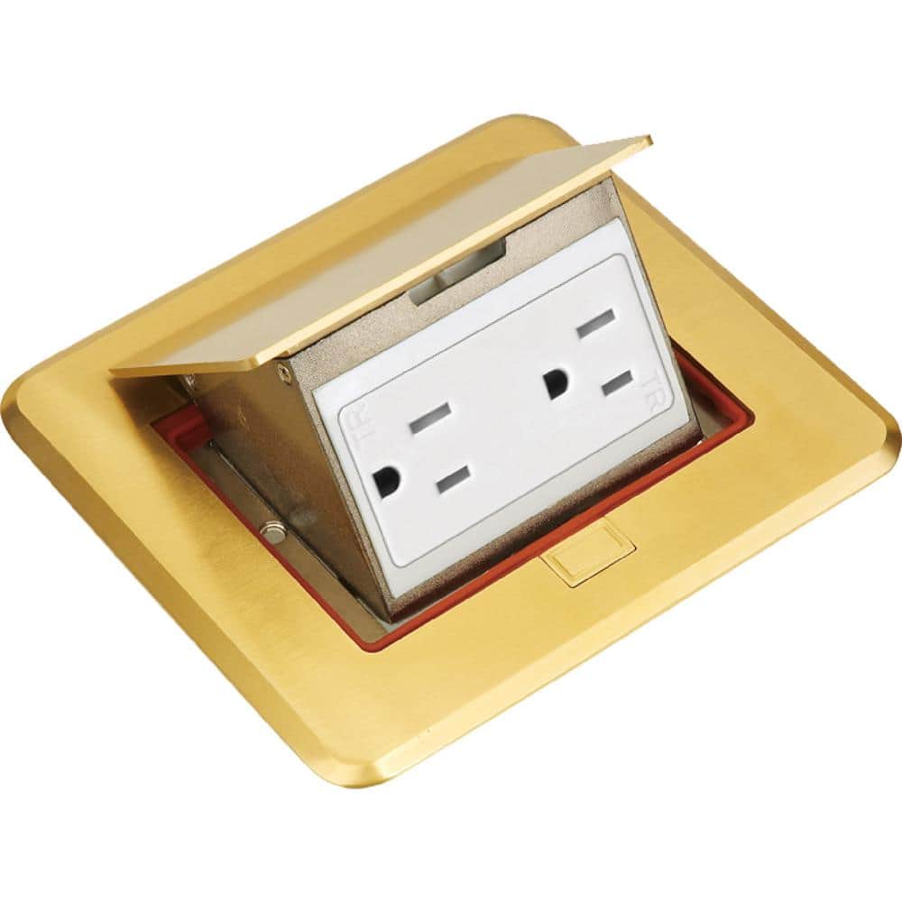 NEWHOUSE ELECTRIC Pop-Up Floor Outlet, Electrical Box for Wood Sub-Flooring with 15 Amp TR Duplex Receptacle, Brass (1)
