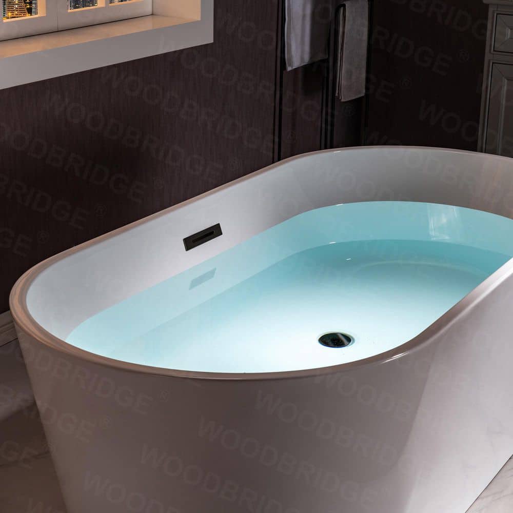WOODBRIDGE 59 in. x 29.5 in. Acrylic FlatBottom soaking Bathtub in White with Tub Filler and Matte Black Overflow and Drain (3)