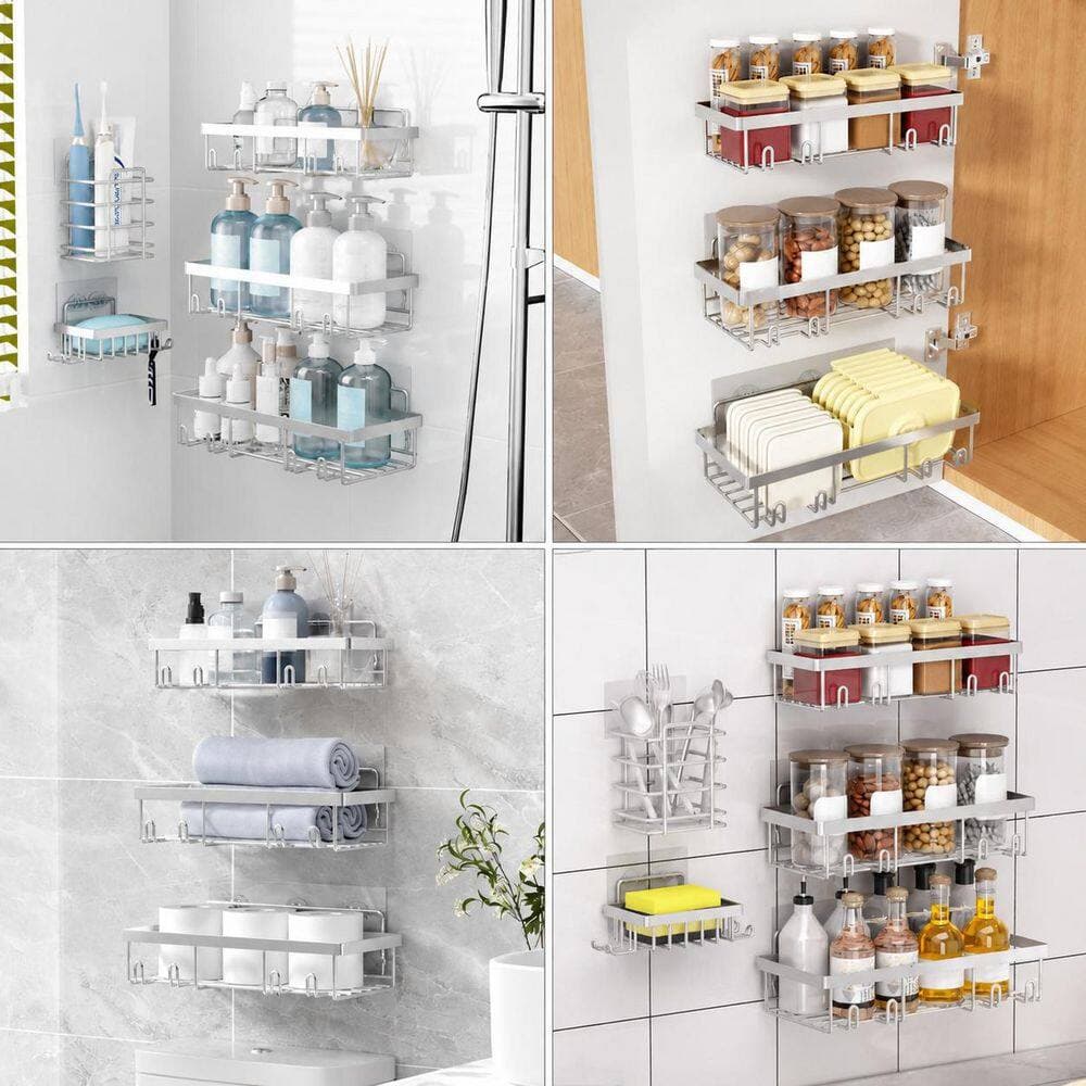 KHKFY 5-Pack Self Adhesive Stainless Steel Shower Caddy Organizer Rack Set with Soap and Toothbrush Holder, Silver (2)