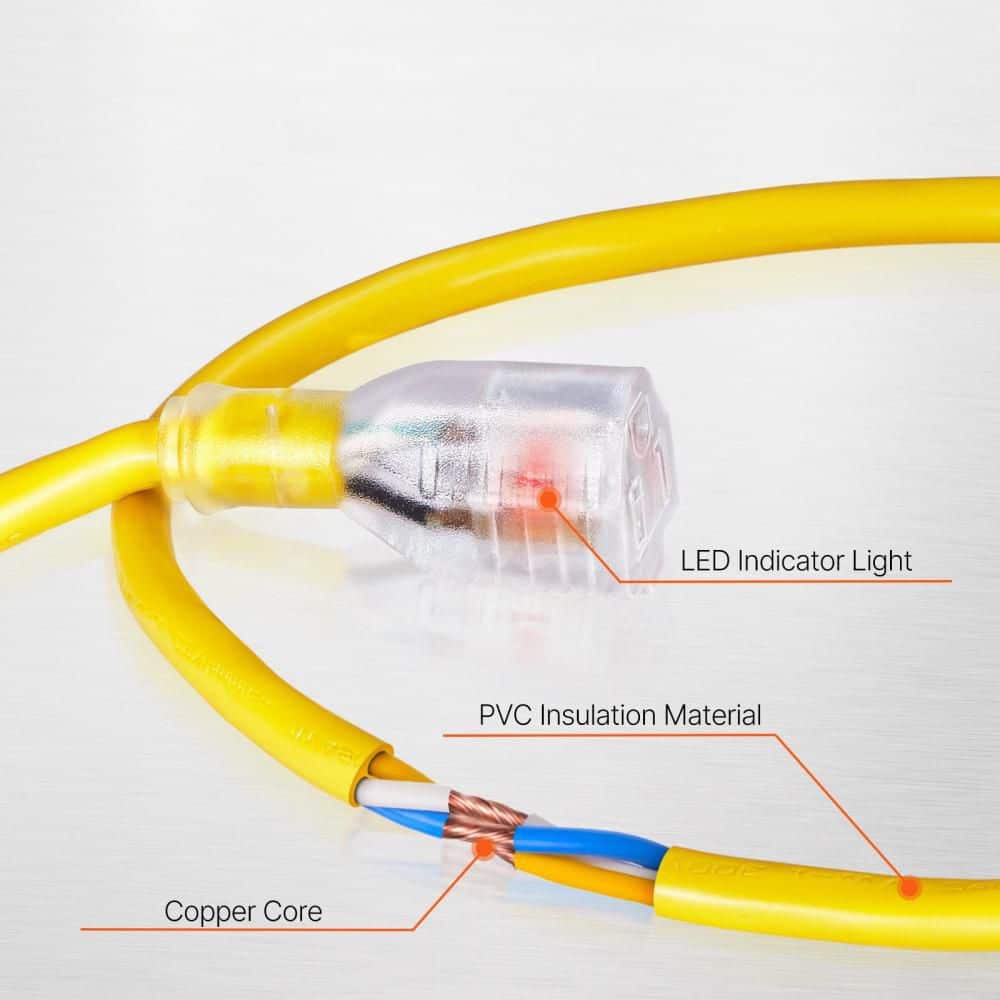 BIBIVIS 100 ft. Indoor/Outdoor Extension Cord with Lighted End for Lawn Garage Home Use, 12AWG 15 Amps 1875W, 3 Prongs, Yellow (3)