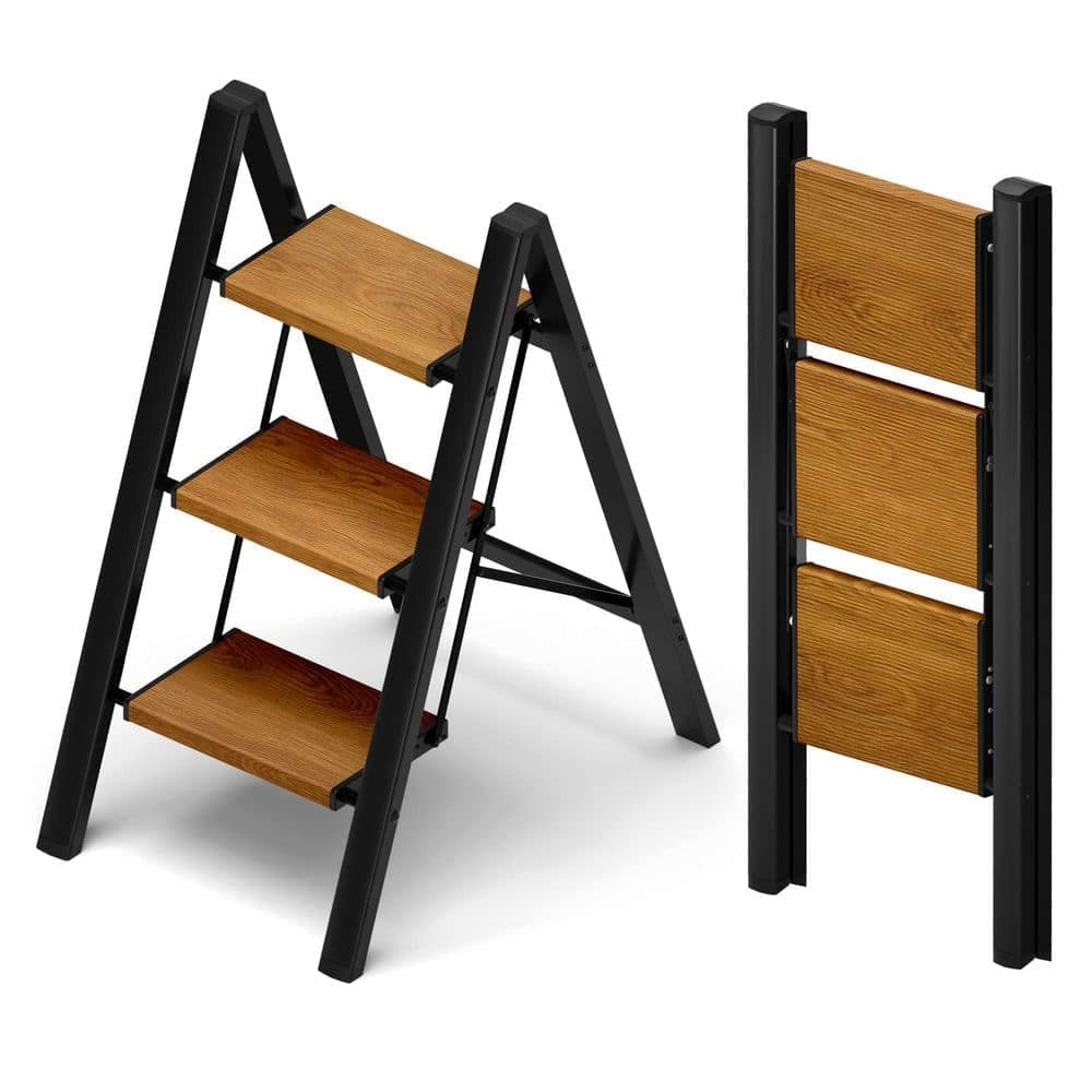 Laybus 3-Step 8.67 ft. Reach Black and Woodgrain Aluminum Step Stool, 330 Load Capacity Type IA Duty Rating, Lightweight (1)
