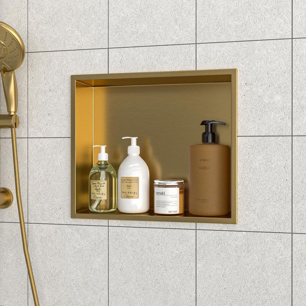 LIVIZA 15 in. W x 13 in. H x 4 in. D Stainless Steel Recessed Shower Niche Shelf Organizer in Gold (2)