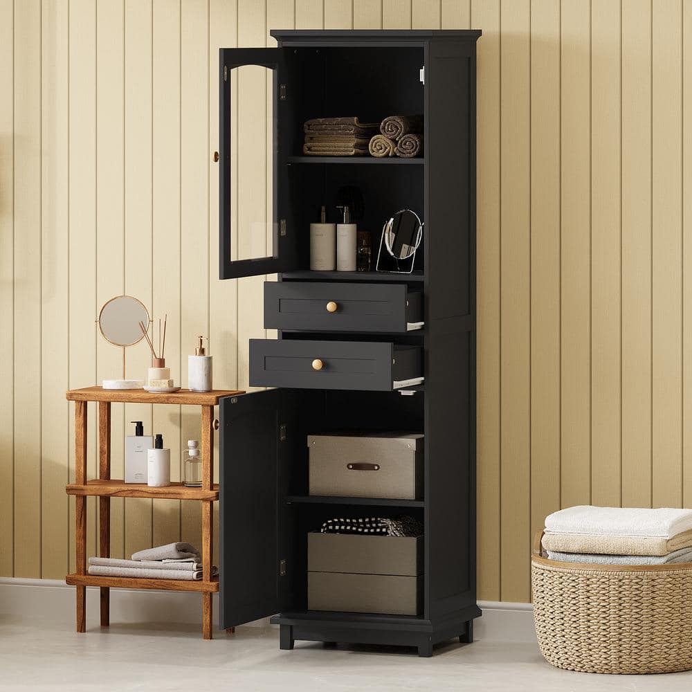 Unbranded 17.76 in. W 14.21 in. D 62.99 in. H Wood Linen Cabinet with Glass Doors, Two Drawers and Adjustable Shelves (2)