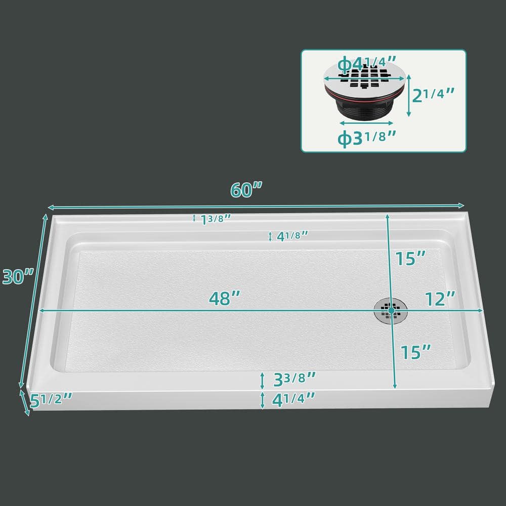 Getpro 60 in. L x 30 in. W Rectangular Alcove Shower Pan Base with Right Drain in White Single Threshold Acrylic Shower Tray (2)