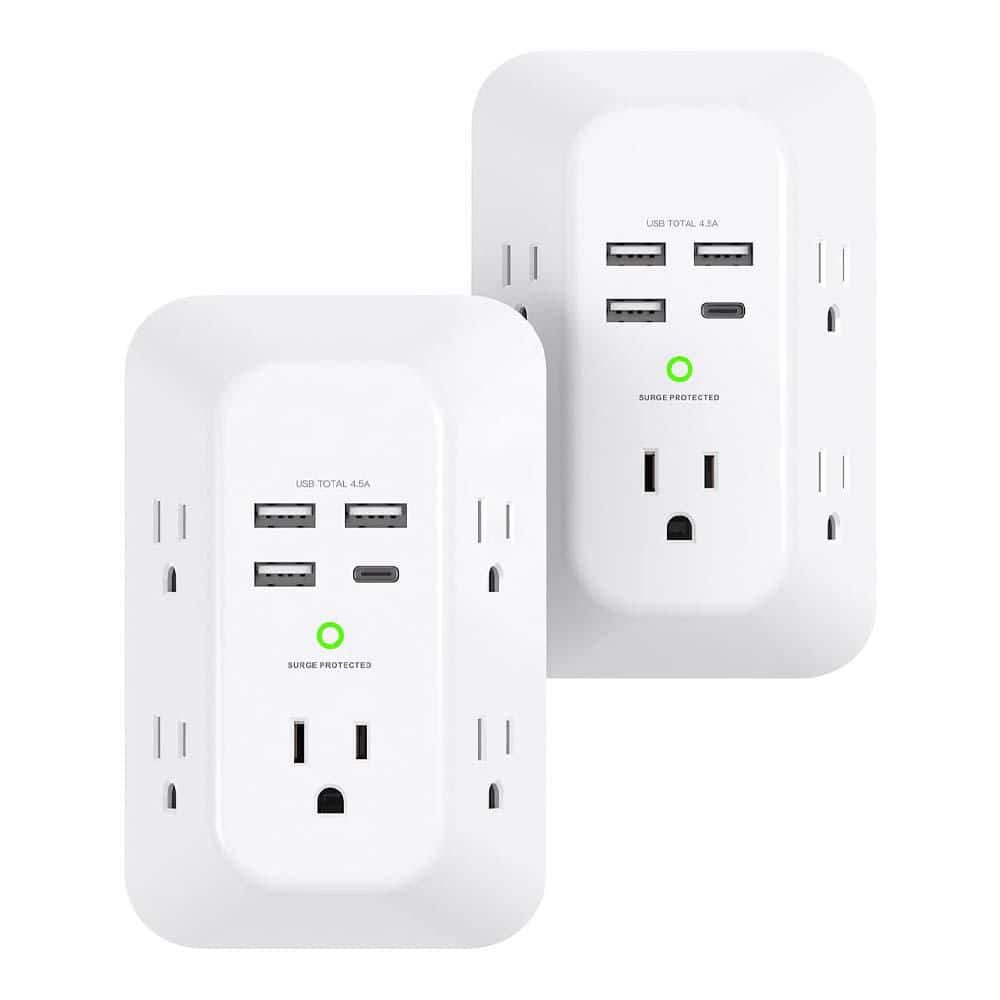 YICHUHAOXI 2-Pack USB Wall Charger Surge Protector 5-Outlet Extender 4 USB-A, 1 USB-C Port 1800J Power Strip Multi Plug Adapter