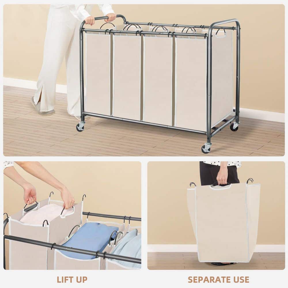 Wudkey 4 Section Beige Laundry Sorter, 180 L Laundry Hamper with Wheels and Removable Bags Clothes Divider Basket Sorter (3)
