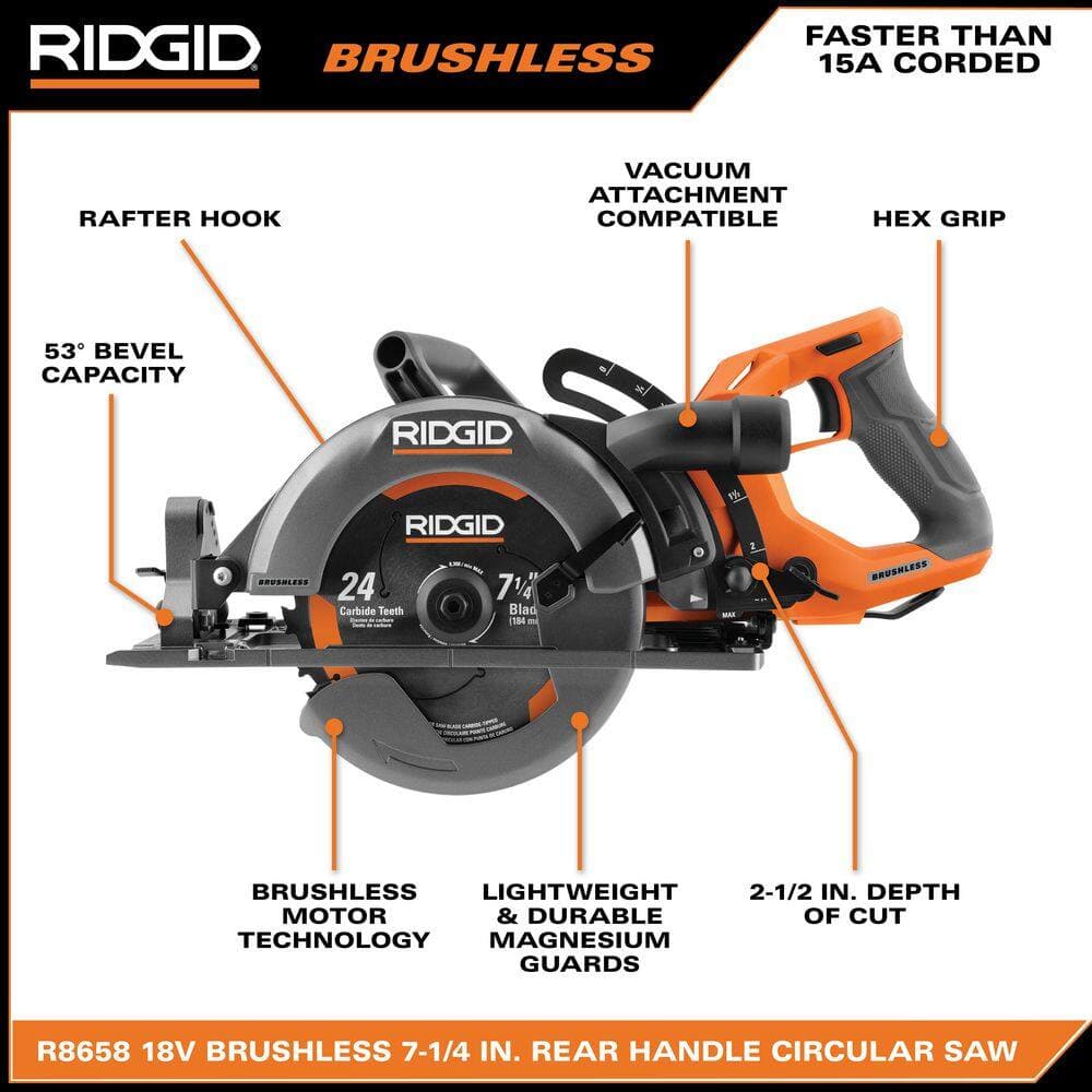 RIDGID 18V Brushless Cordless . Rear Handle Circular Saw Kit w/ (1) 8.0 Ah EXP & (1) 4.0Ah MO Battery, Charger, Bag (3)