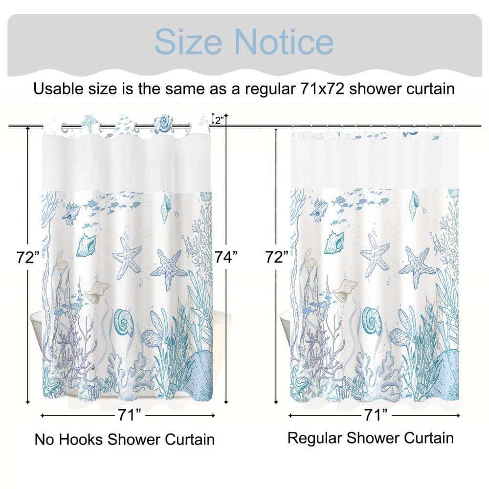 Anqtovp 71 in. W x 74 in. L Polyester Shower Curtain in Blue Coastal Ocean Nautical Seashell Waterproof Washable Set (2)