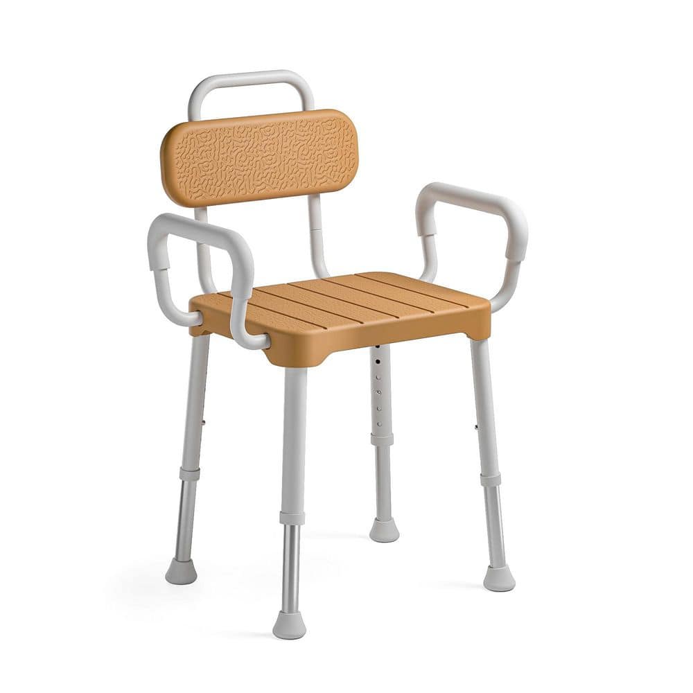 Numhew Aluminum Shower Chair in Brown with Arms and Back, Non-Slip Shower Stool, Shower Bench, Height-Adjustable Shower Seat (1)
