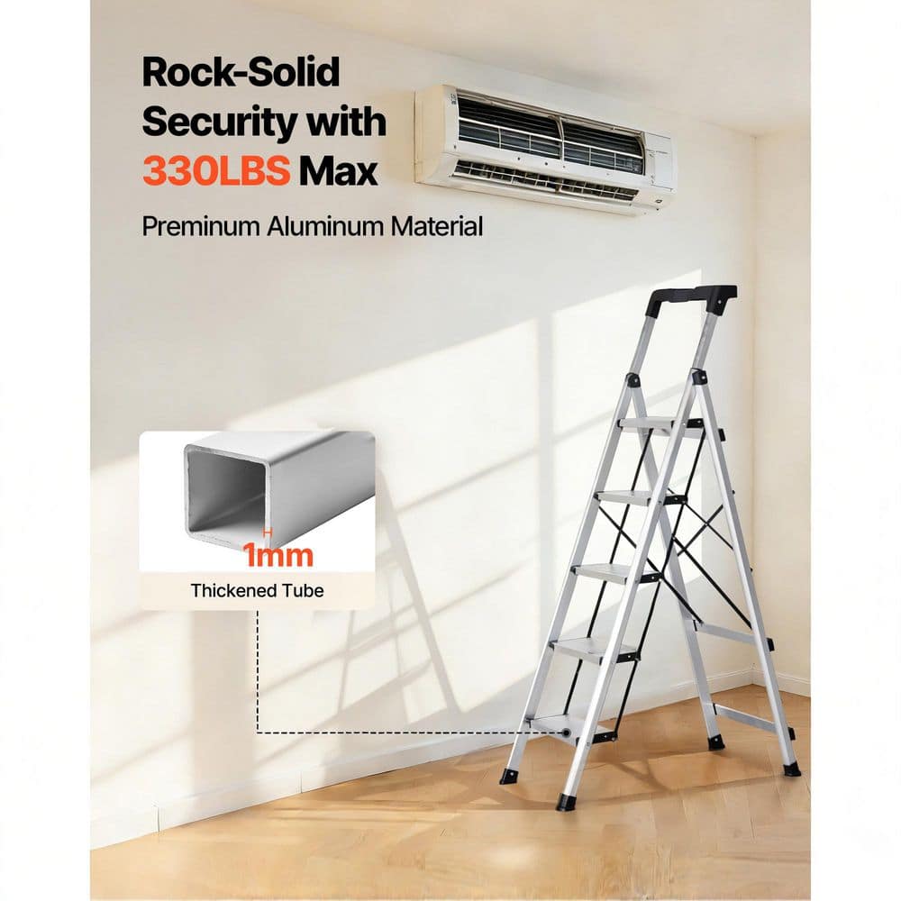 VEVOR 5 Step Ladder, Folding Step Stool with Wide Anti-Slip Pedal and Comfort Handgrip, 330 lbs. Aluminum Stepladder, Silver (3)