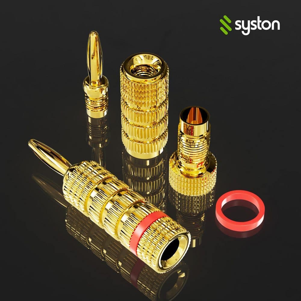 Syston Cable Technology Banana Plugs, 4 mm 24K Gold Plated Pure Copper, Closed Screw Type for Speaker Wire, Amplifiers and Sound Systems 24-Pack (2)