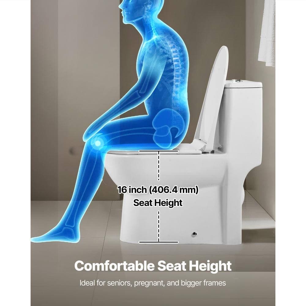 HONGGE One-Piece Toilet Elongated Dual-Flush 1.1/1.6 GPF Skirted Toilet for Bathroom, 12 in. Rough-In, White and Silver (3)
