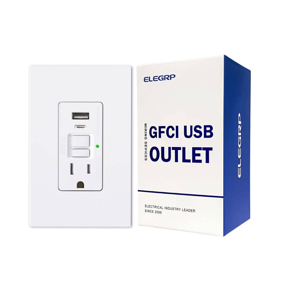 ELEGRP 15 Amp Tamper Resistant Self-Test GFCI Outlet 24-Watt In Wall USB Charger Combo Receptacle, Type A and C, White (1-Pack) (1)