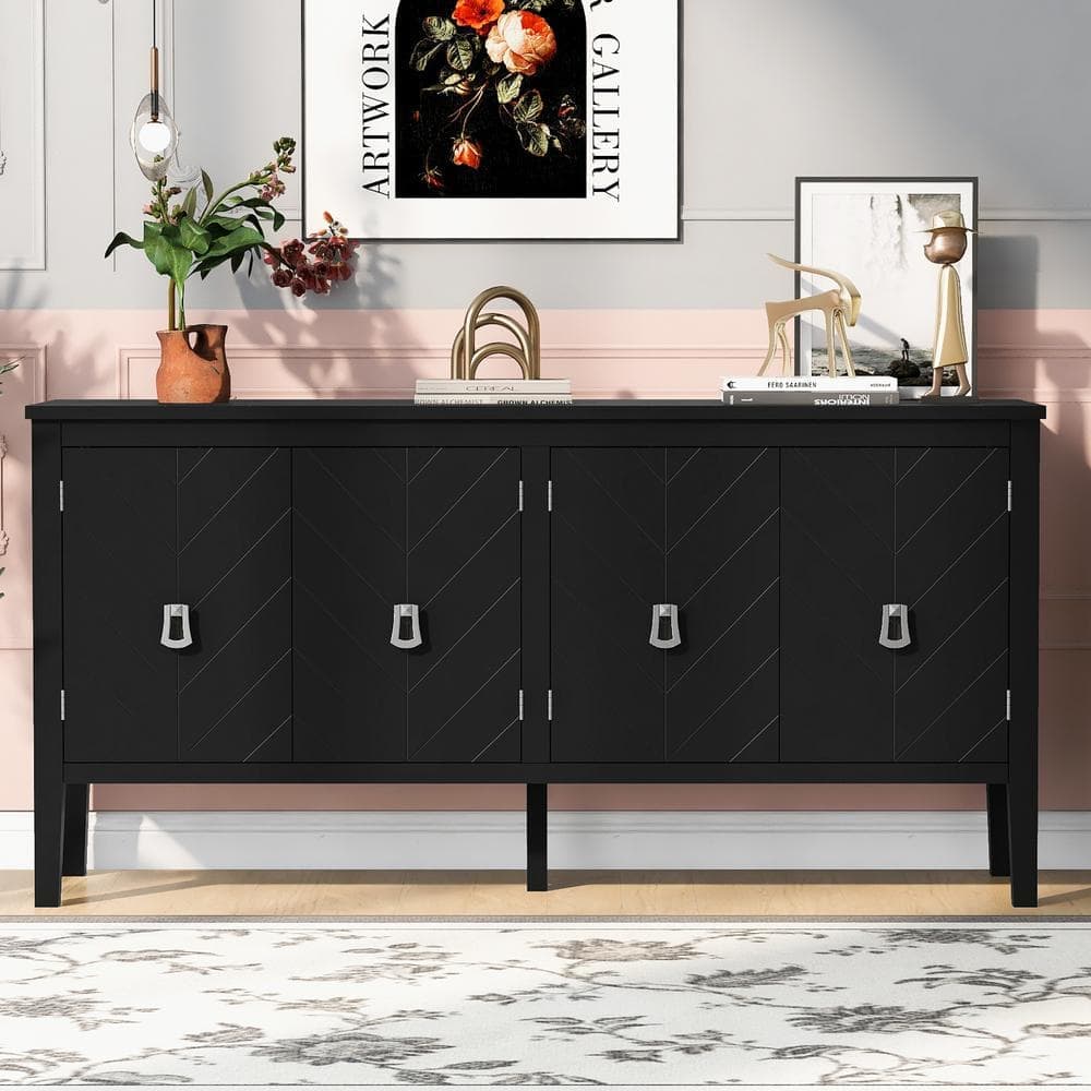 Unbranded 63 in. W x 15.7 in. D x 31.5 in. H Black Linen Cabinet with 4-Door Sideboard for Living Rooms, Entrance and Study Rooms (2)