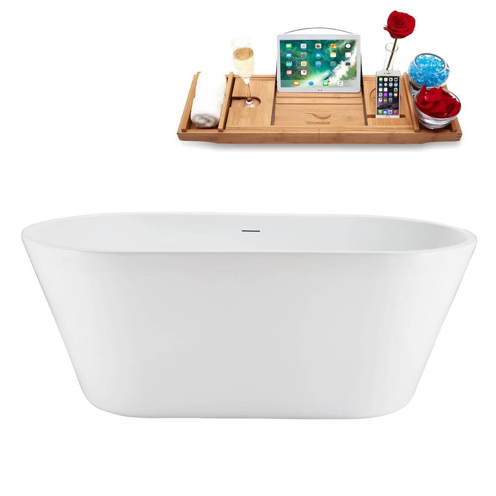 Streamline 59 in. x 30 in. Acrylic Freestanding Soaking Bathtub in Glossy White With Matte Black Drain (1)