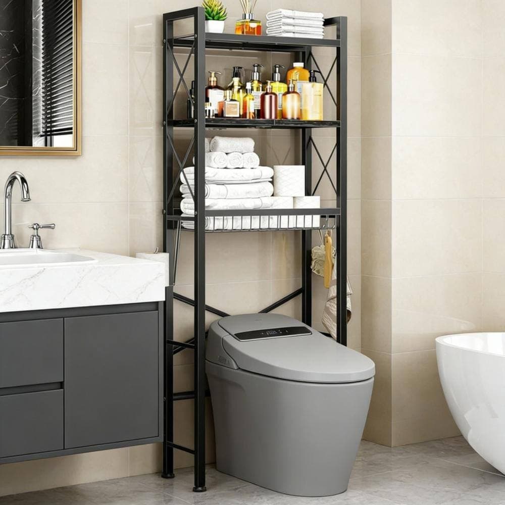 Whatseaso 23.5 in. W x 65 in. H x 10 in. D Black Over The Toilet Storage with X Shape Guardrail and Drain Basket (3)