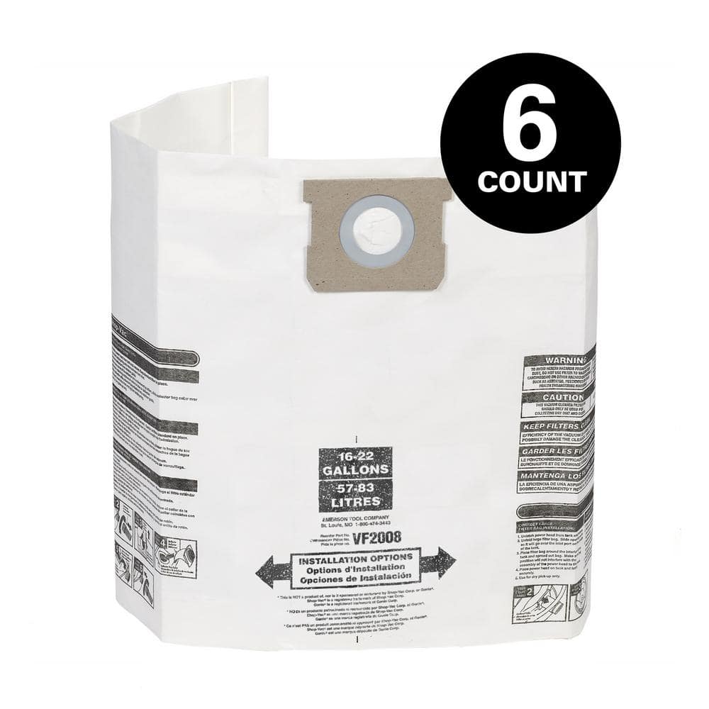 MULTI FIT General Debris VF2008A Wet Dry Vac Dry Pick-up Only Dust Collection Bags for 15-22 Gal Shop-Vac Brand Shop Vacuums (6pk)
