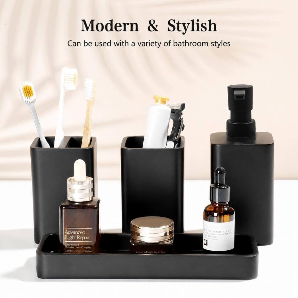 Unbranded 4-Piece Resin Bath Accessory Set with Soap Dispenser, Toothbrush Holder and Vanity Tray in Matte Black (2)