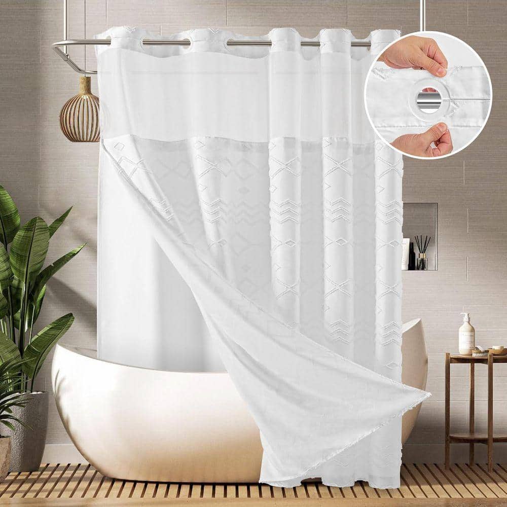 JFVKAF Boho Farmhouse Shower Curtain Tufted Chevron Striped with Snap in Liner 72 x 80 Water Resistant White Fabric (2)