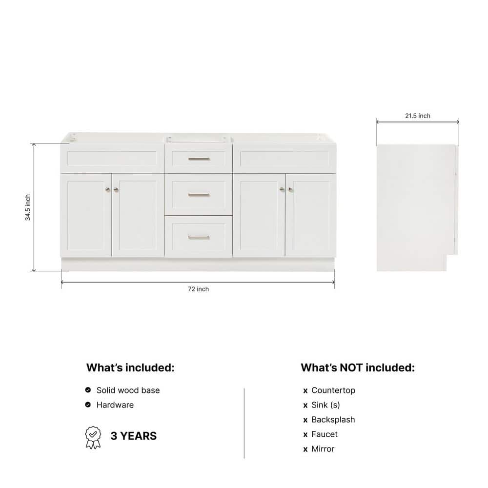 ARIEL Hamlet 72 in. Freestanding Bathroom Vanity Cabinet without Top in White (Assembled) (2)