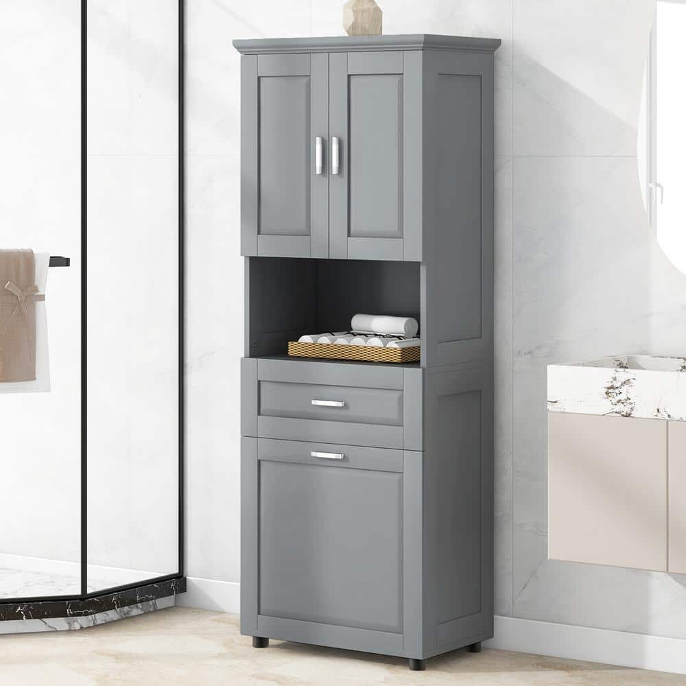 Unbranded 24.72 in. W x 16.29 in. D x 69.92 in. H Gray Linen Cabinet Bathroom Storage Cabinet with Laundry Basket and Storage (2)