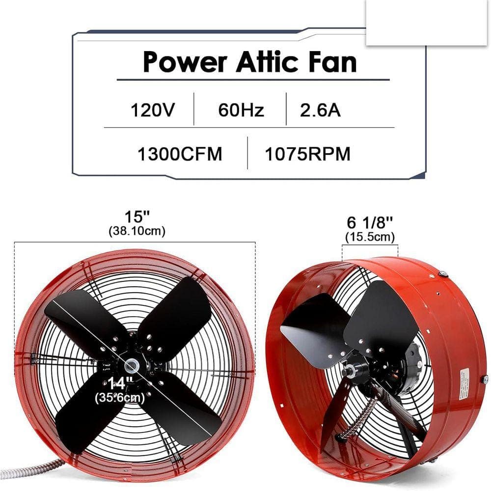 KIWDZFU 15 in. Gable Vent Fan 1300CFM 1850 SQF Low Noise Attic Exhaust Adjustable Thermostat 14 in. Blade Red (2)