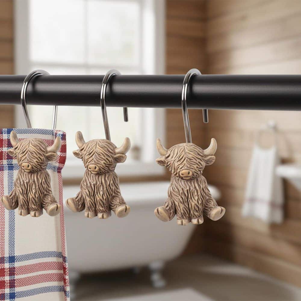 KHKFY Silver Highland Cow Resin Shower Curtain Hooks 12-Pack with Rust-Resistant Metal Clips for Standard Rods Cattle (2)