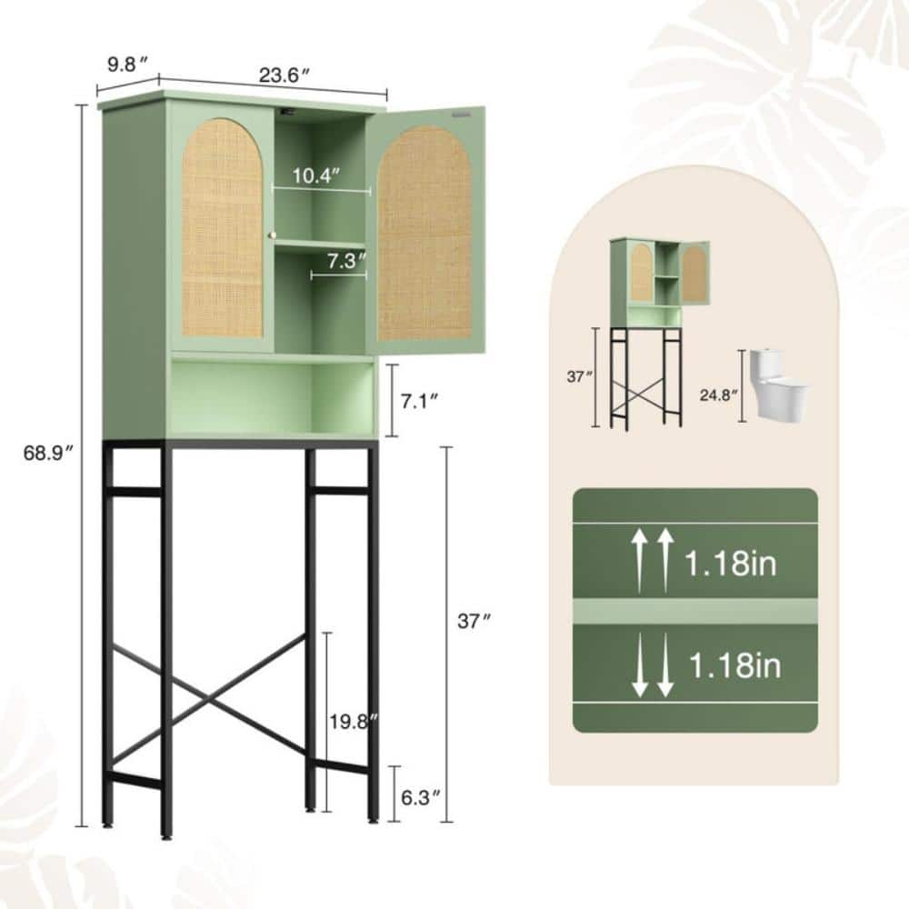 Whatseaso 23.6 in. W x 68.9 in. H x 10 in. D Green Over The Toilet Storage with Adjustable Shelf and Metal Stand (3)
