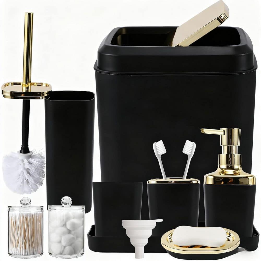 Wudkey Complete 9-Piece Bath Accessory Set with Trash Can, Toilet Brush, Q-tip Holders, Soap Dispenser in Black (1)