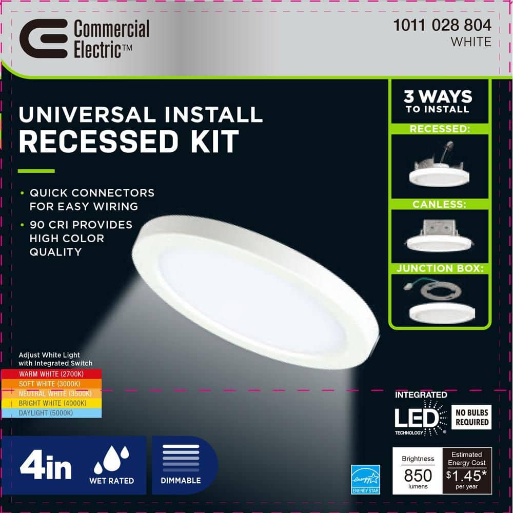 Commercial Electric 1-Pack 3-in-1 Universal Installation 4 in. White Integrated LED Recessed Light with Selectable Color Temperature (3)